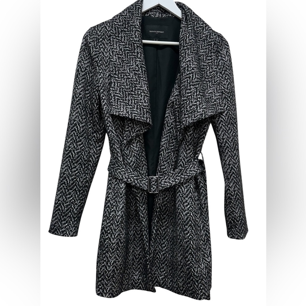 Banana Republic Black White Gray Chevron Tie Belt Wrap Style Trench Coat Sz 4